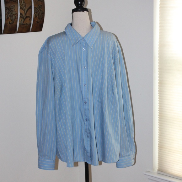 Foxcroft, wrinkle free blue and yellow pinstriped shirt - Picture 1 of 6